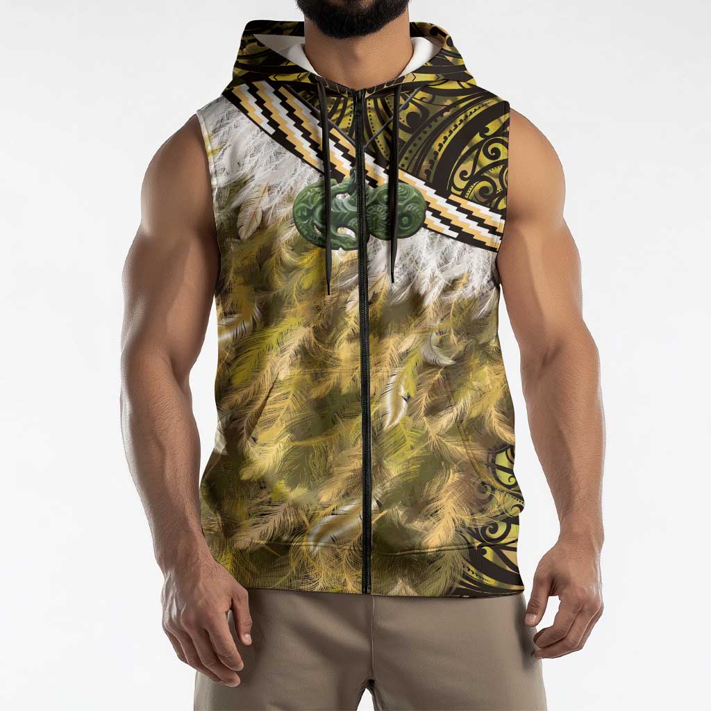Yellow Traditional Cloak Aotearoa Sleeveless Zip Hoodie Maori Paua Shell Korowai Pattern LT14