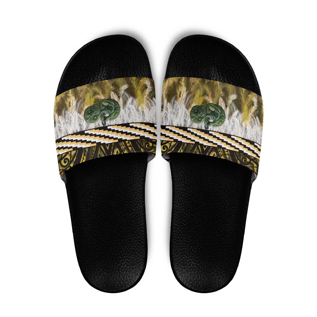 Yellow Traditional Cloak Aotearoa Slide Sandals Maori Paua Shell Korowai Pattern - Aussie Hoodie