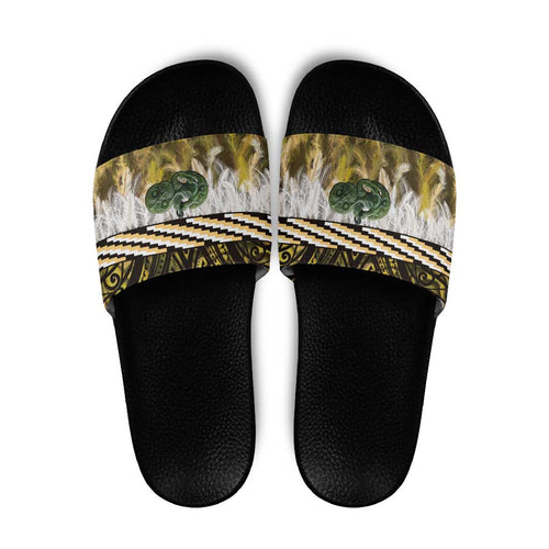 Yellow Traditional Cloak Aotearoa Slide Sandals Maori Paua Shell Korowai Pattern - Aussie Hoodie