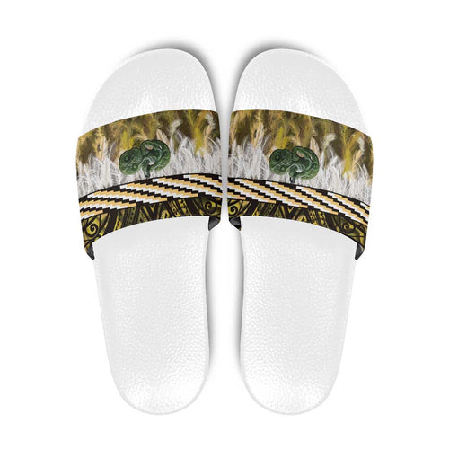 Yellow Traditional Cloak Aotearoa Slide Sandals Maori Paua Shell Korowai Pattern - Aussie Hoodie
