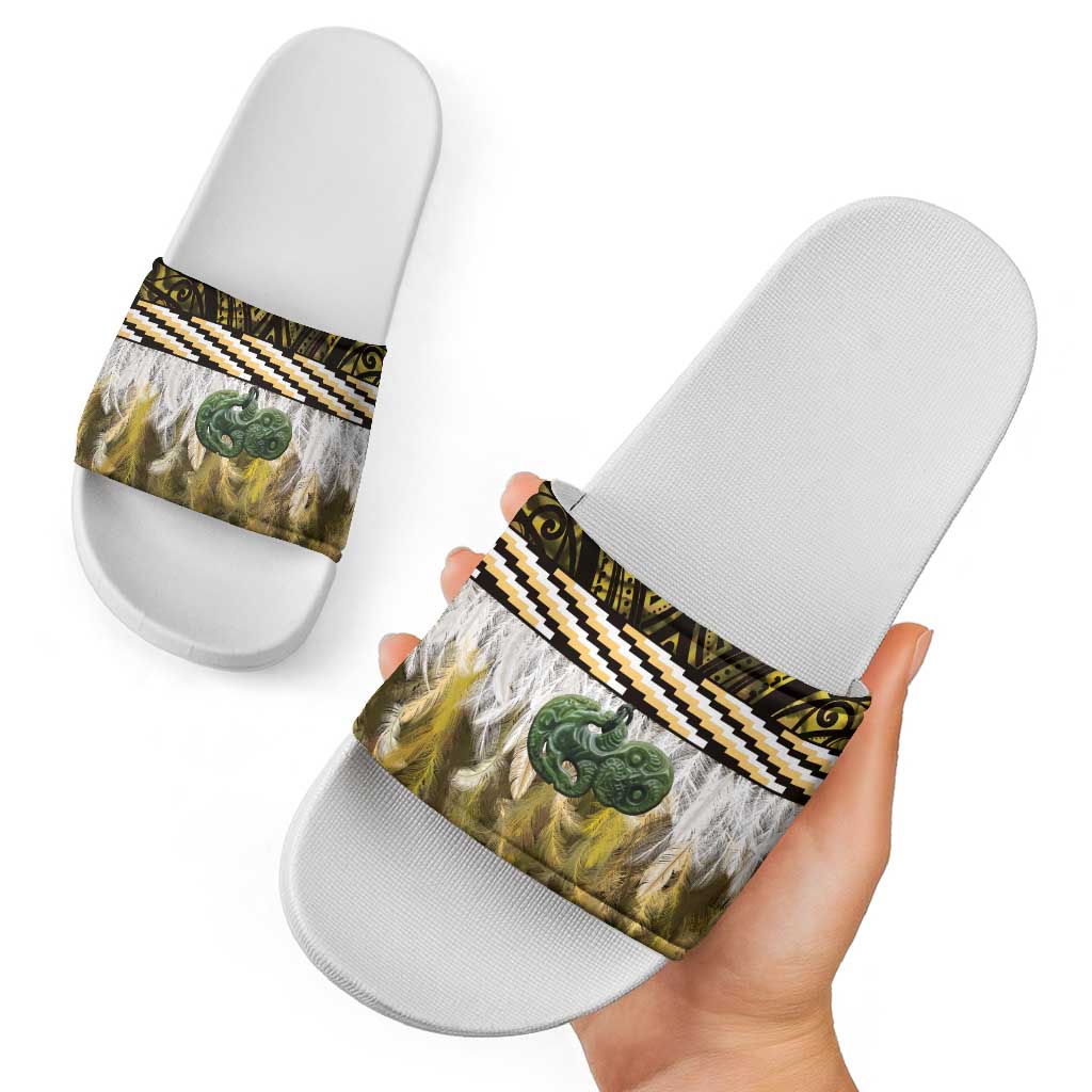 Yellow Traditional Cloak Aotearoa Slide Sandals Maori Paua Shell Korowai Pattern - Aussie Hoodie