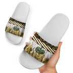 Yellow Traditional Cloak Aotearoa Slide Sandals Maori Paua Shell Korowai Pattern - Aussie Hoodie