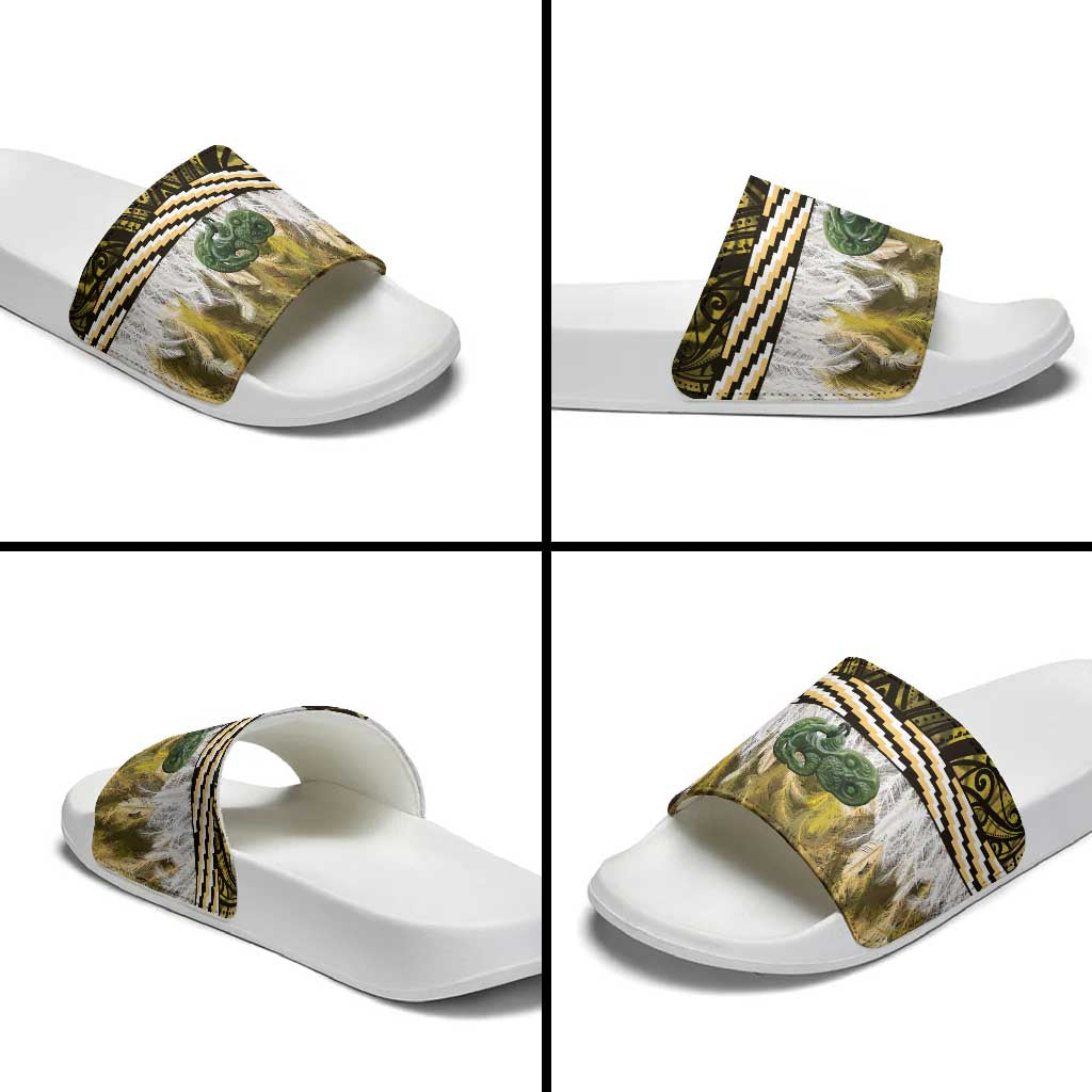 Yellow Traditional Cloak Aotearoa Slide Sandals Maori Paua Shell Korowai Pattern - Aussie Hoodie