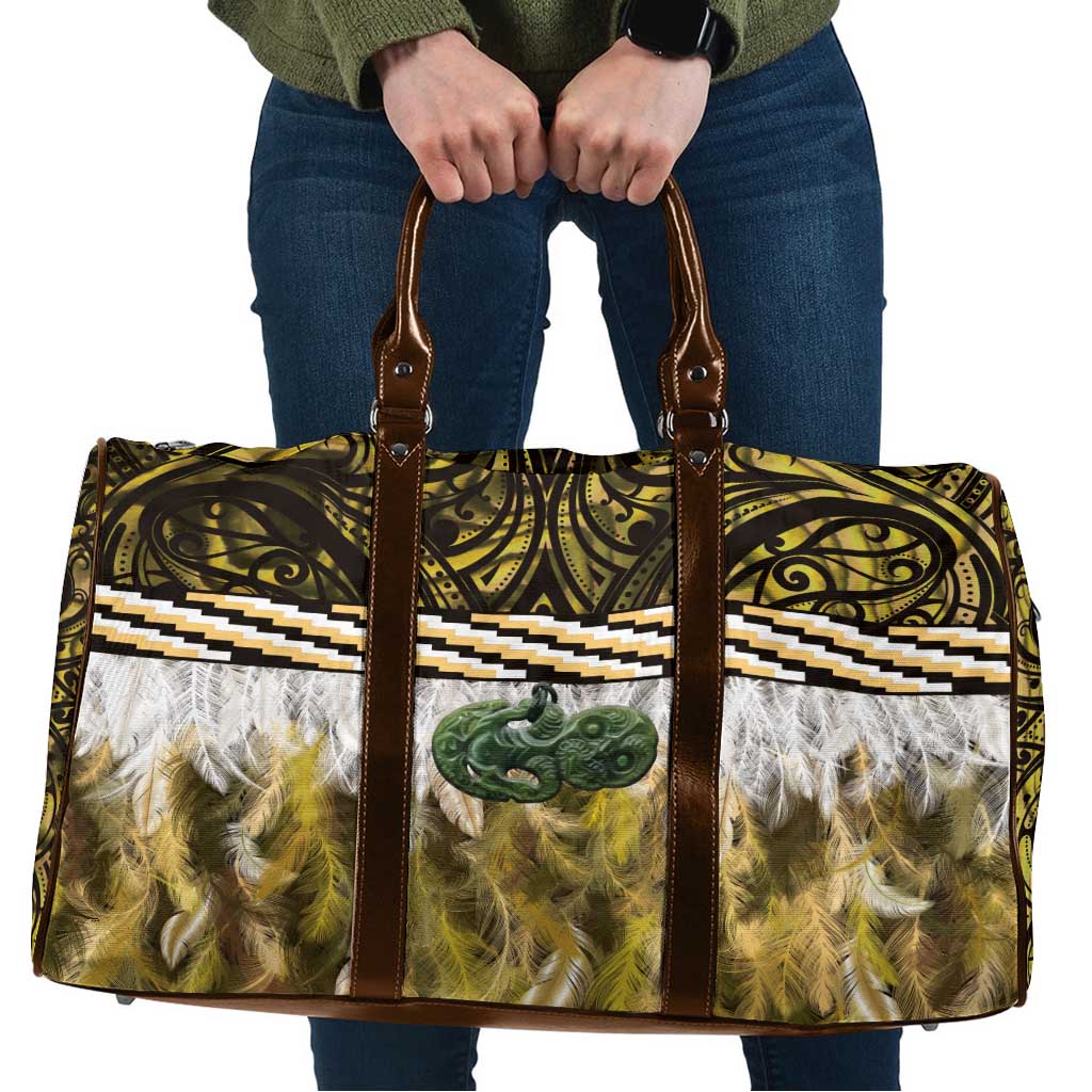 Yellow Traditional Cloak Aotearoa Travel Bag Maori Paua Shell Korowai Pattern - Aussie Hoodie