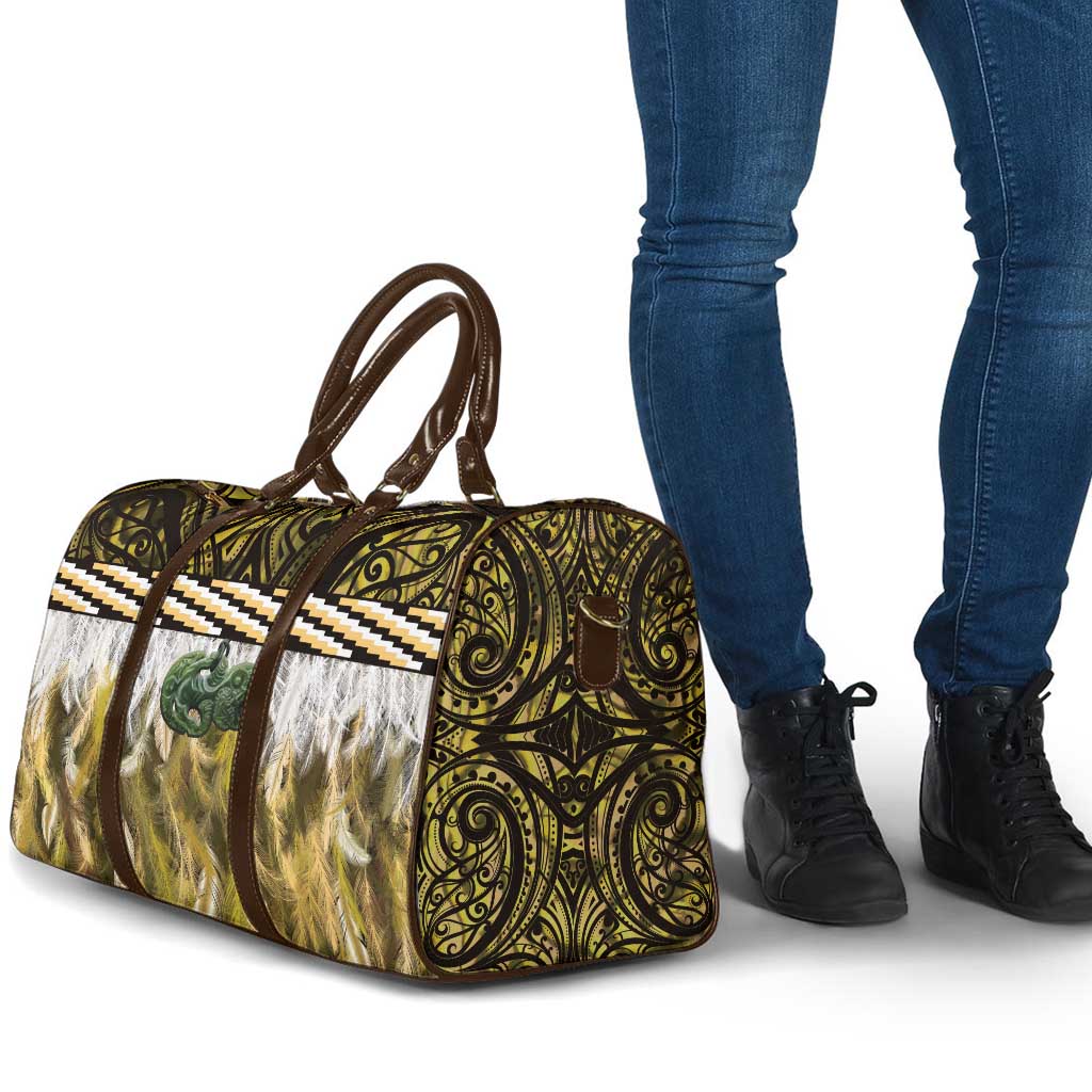 Yellow Traditional Cloak Aotearoa Travel Bag Maori Paua Shell Korowai Pattern - Aussie Hoodie