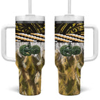 Yellow Traditional Cloak Aotearoa Tumbler With Handle Maori Paua Shell Korowai Pattern