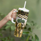 Yellow Traditional Cloak Aotearoa Tumbler With Handle Maori Paua Shell Korowai Pattern