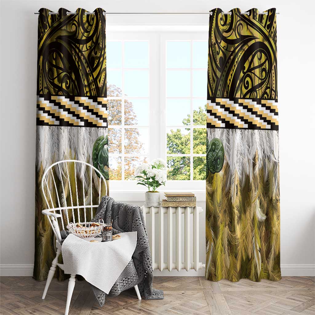 Yellow Traditional Cloak Aotearoa Window Curtain Maori Paua Shell Korowai Pattern