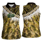 Yellow Traditional Cloak Aotearoa Women Sleeveless Polo Shirt Maori Paua Shell Korowai Pattern