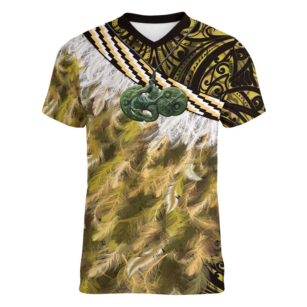 Yellow Traditional Cloak Aotearoa Women V-Neck T-Shirt Maori Paua Shell Korowai Pattern