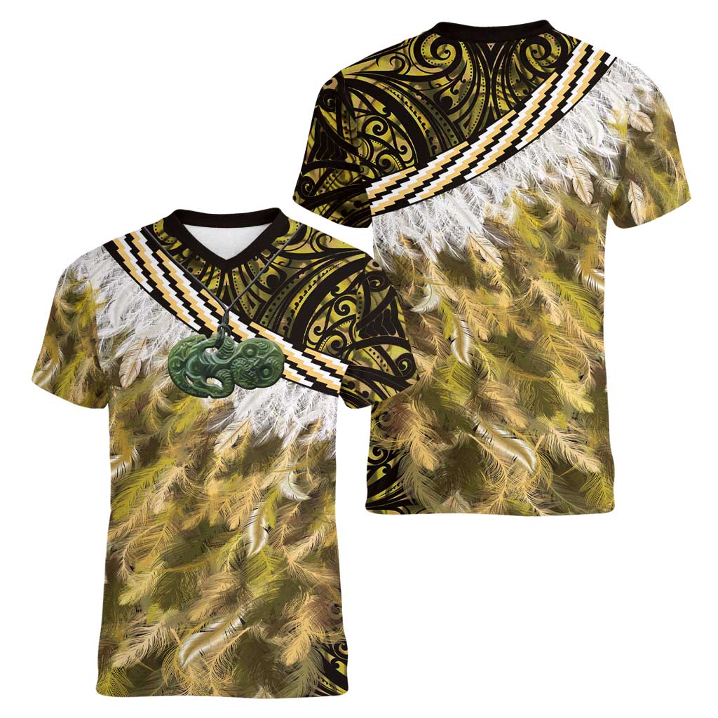 Yellow Traditional Cloak Aotearoa Women V-Neck T-Shirt Maori Paua Shell Korowai Pattern