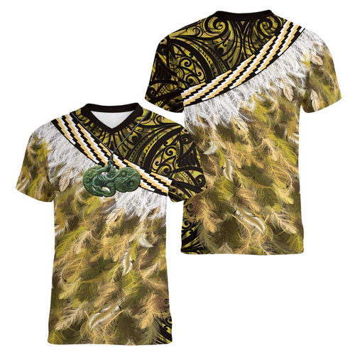 Yellow Traditional Cloak Aotearoa Women V-Neck T-Shirt Maori Paua Shell Korowai Pattern