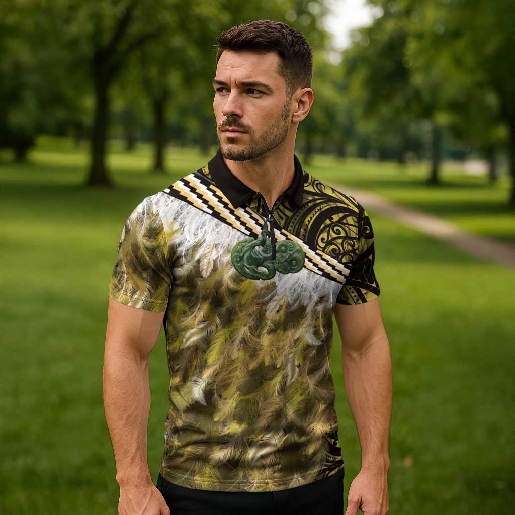 Yellow Traditional Cloak Aotearoa Zipper Polo Shirt Maori Paua Shell Korowai Pattern - Aussie Hoodie