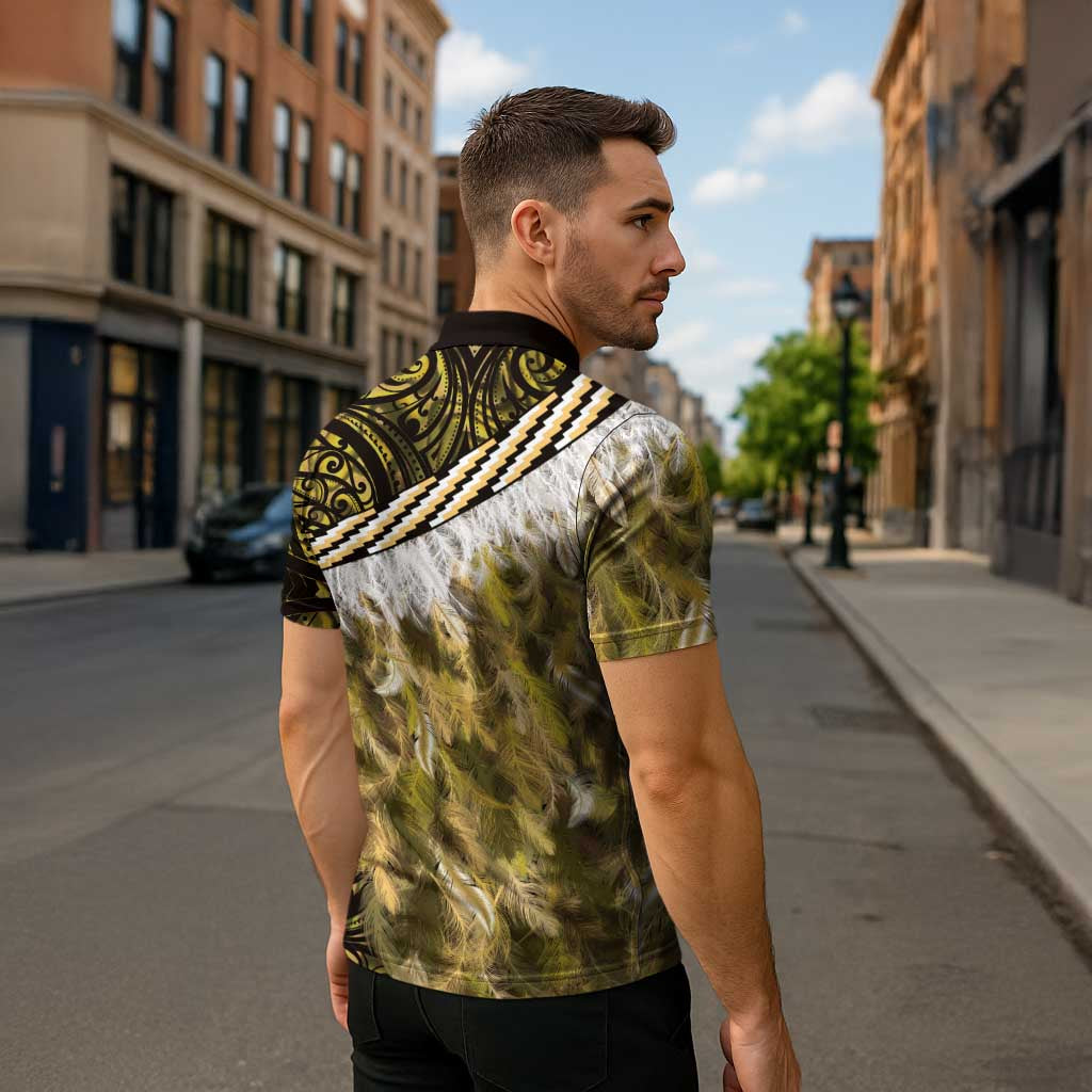 Yellow Traditional Cloak Aotearoa Zipper Polo Shirt Maori Paua Shell Korowai Pattern - Aussie Hoodie