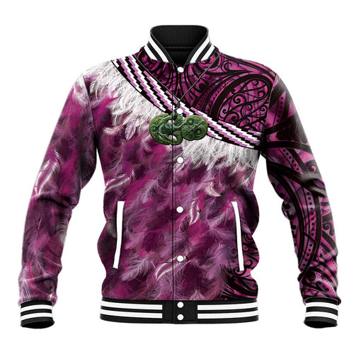 Pink Traditional Cloak Aotearoa Baseball Jacket Maori Paua Shell Korowai Pattern
