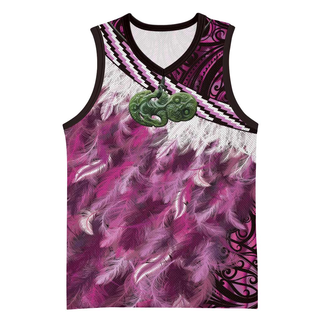 Pink Traditional Cloak Aotearoa Basketball Jersey Maori Paua Shell Korowai Pattern - Aussie Hoodie