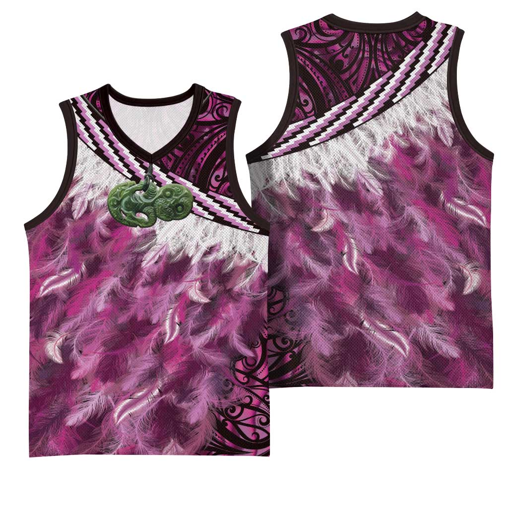 Pink Traditional Cloak Aotearoa Basketball Jersey Maori Paua Shell Korowai Pattern - Aussie Hoodie