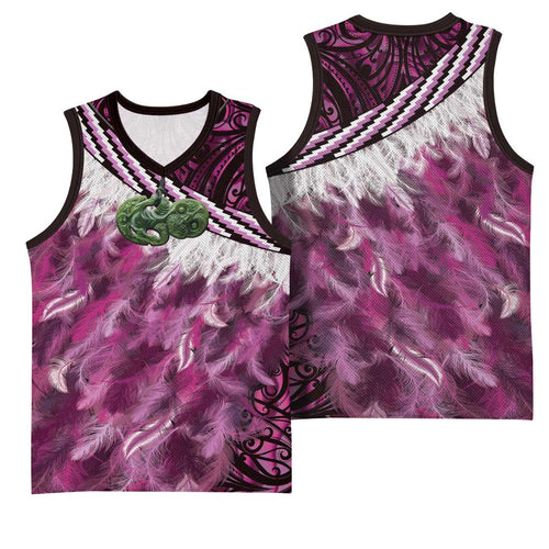 Pink Traditional Cloak Aotearoa Basketball Jersey Maori Paua Shell Korowai Pattern - Aussie Hoodie