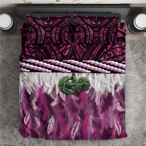 Pink Traditional Cloak Aotearoa Bedding Set Maori Paua Shell Korowai Pattern