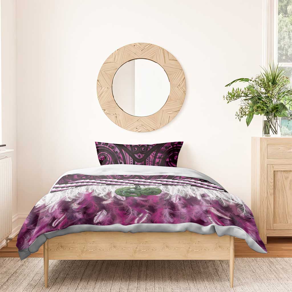 Pink Traditional Cloak Aotearoa Bedding Set Maori Paua Shell Korowai Pattern