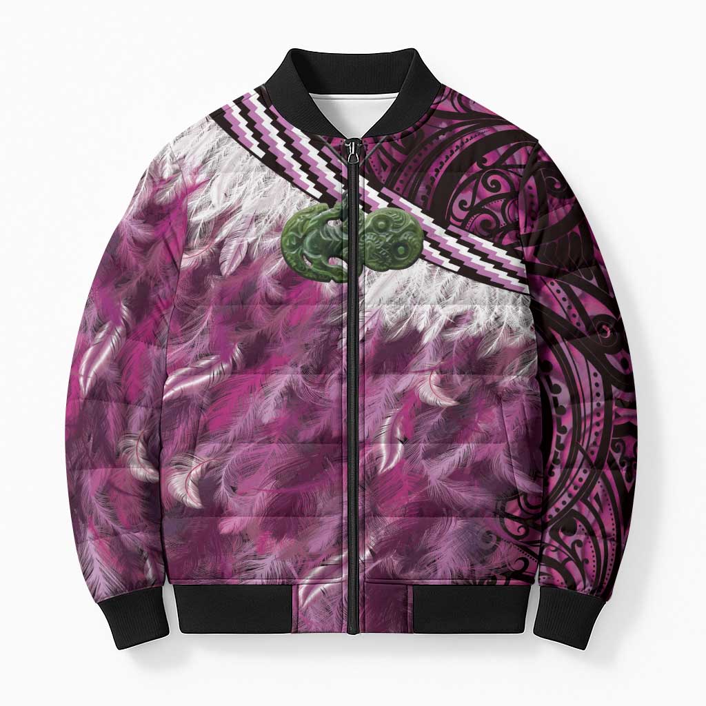 Pink Traditional Cloak Aotearoa Bomber Puffer Jacket Maori Paua Shell Korowai Pattern - Aussie Hoodie