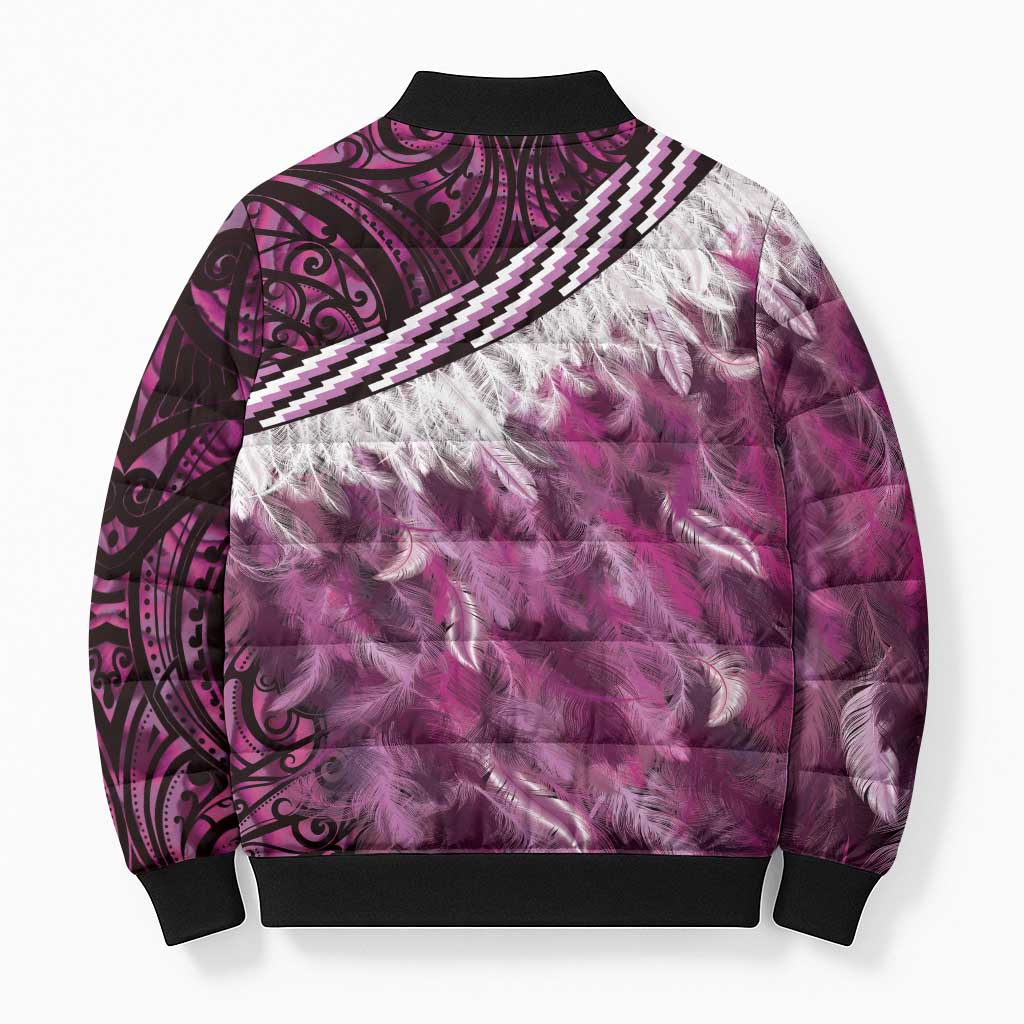 Pink Traditional Cloak Aotearoa Bomber Puffer Jacket Maori Paua Shell Korowai Pattern - Aussie Hoodie