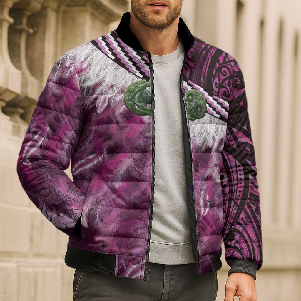 Pink Traditional Cloak Aotearoa Bomber Puffer Jacket Maori Paua Shell Korowai Pattern - Aussie Hoodie