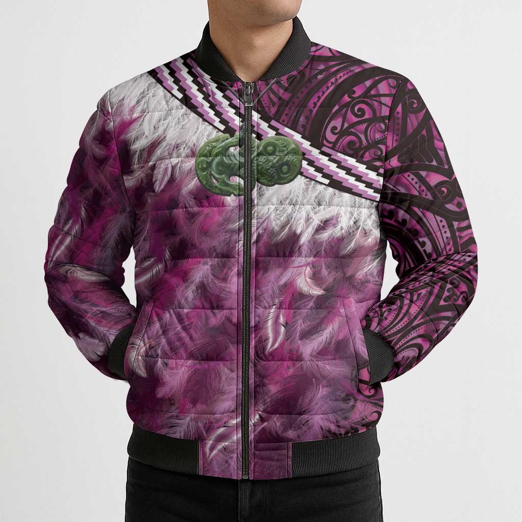 Pink Traditional Cloak Aotearoa Bomber Puffer Jacket Maori Paua Shell Korowai Pattern - Aussie Hoodie