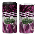 Pink Traditional Cloak Aotearoa 4 in 1 Can Cooler Tumbler Maori Paua Shell Korowai Pattern