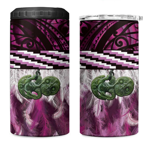 Pink Traditional Cloak Aotearoa 4 in 1 Can Cooler Tumbler Maori Paua Shell Korowai Pattern