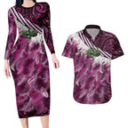 Pink Traditional Cloak Aotearoa Couples Matching Long Sleeve Bodycon Dress and Hawaiian Shirt Maori Paua Shell Korowai Pattern