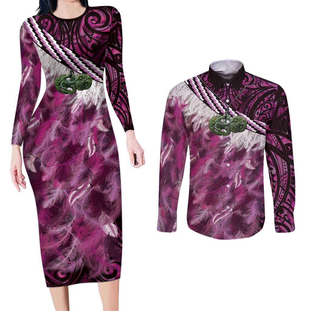 Pink Traditional Cloak Aotearoa Couples Matching Long Sleeve Bodycon Dress and Long Sleeve Button Shirt Maori Paua Shell Korowai Pattern