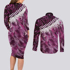 Pink Traditional Cloak Aotearoa Couples Matching Long Sleeve Bodycon Dress and Long Sleeve Button Shirt Maori Paua Shell Korowai Pattern