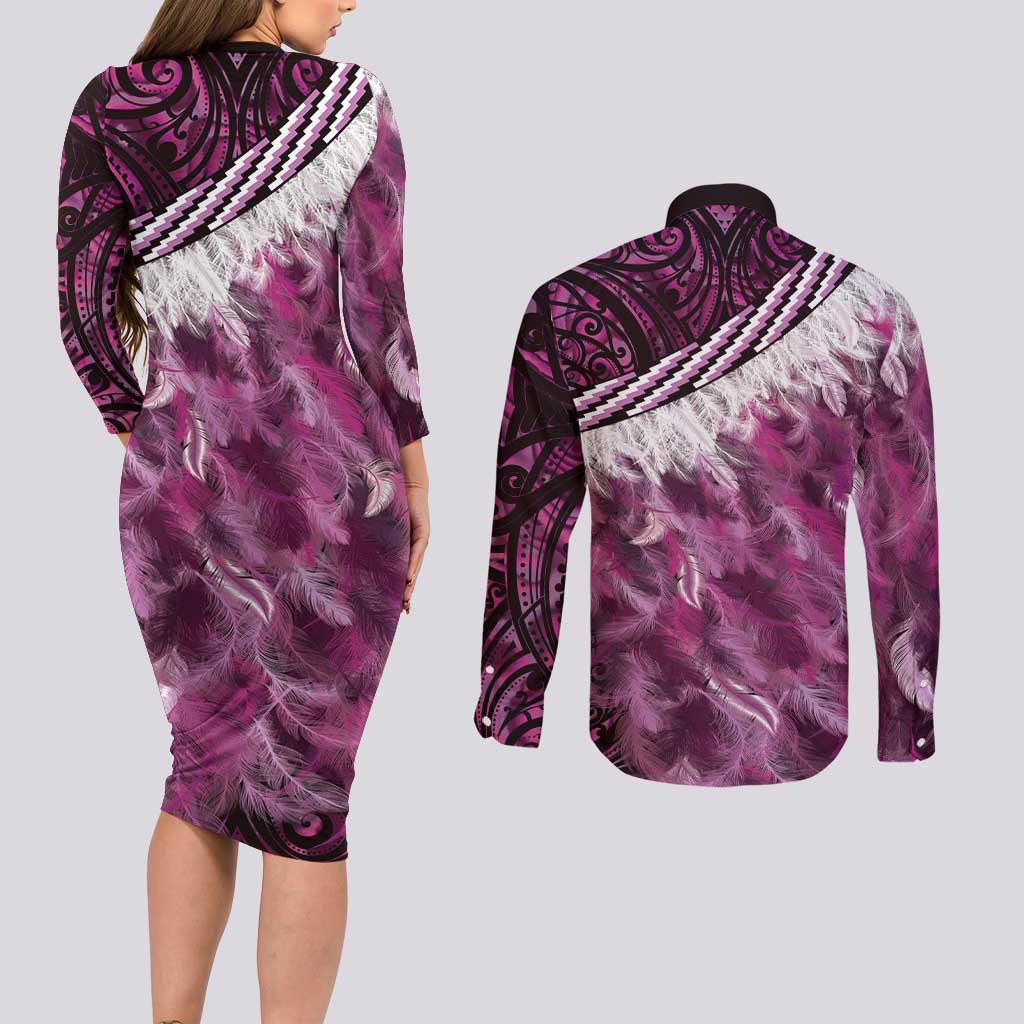 Pink Traditional Cloak Aotearoa Couples Matching Long Sleeve Bodycon Dress and Long Sleeve Button Shirt Maori Paua Shell Korowai Pattern