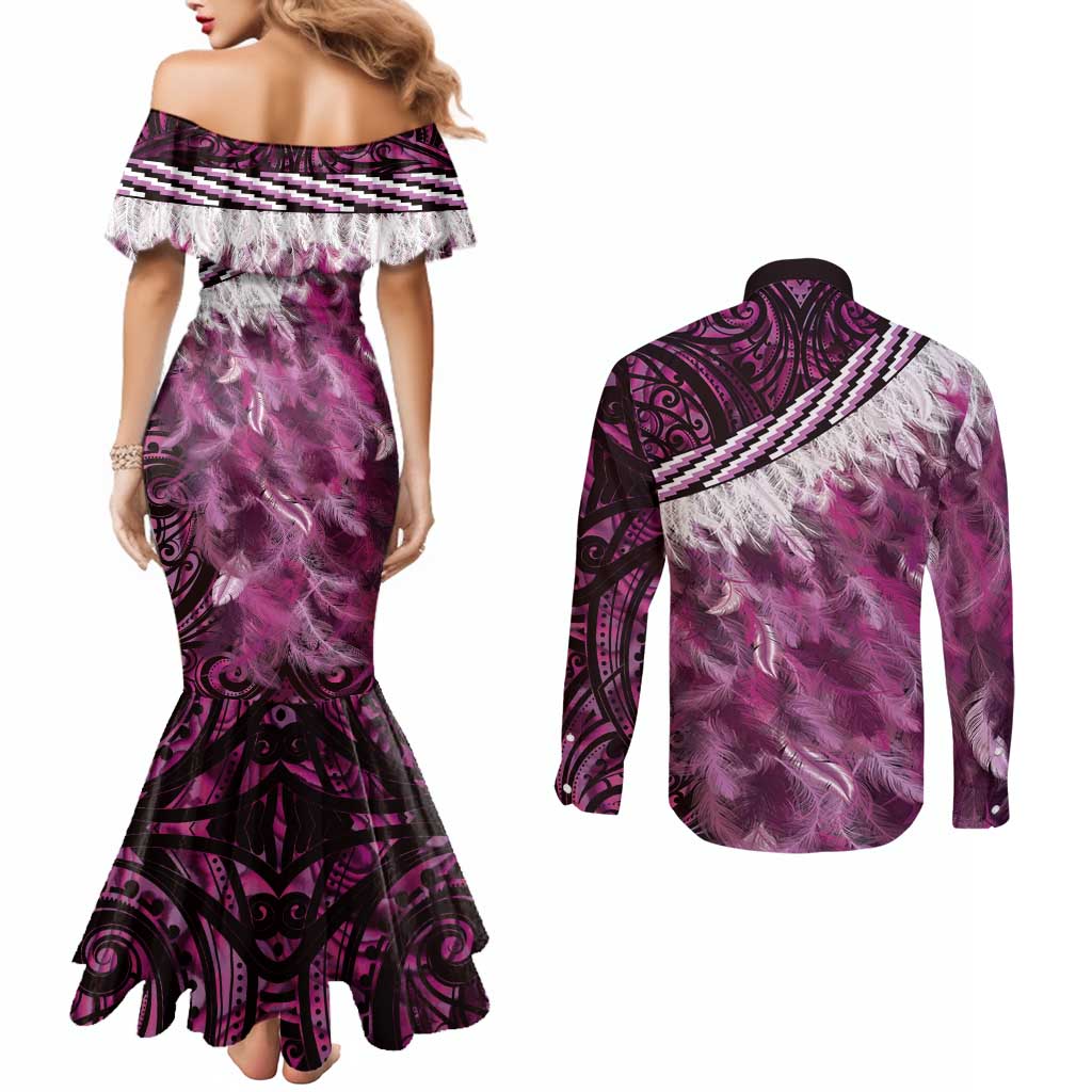 Pink Traditional Cloak Aotearoa Couples Matching Mermaid Dress and Long Sleeve Button Shirt Maori Paua Shell Korowai Pattern