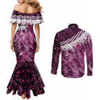 Pink Traditional Cloak Aotearoa Couples Matching Mermaid Dress and Long Sleeve Button Shirt Maori Paua Shell Korowai Pattern