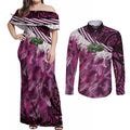 Pink Traditional Cloak Aotearoa Couples Matching Off Shoulder Maxi Dress and Long Sleeve Button Shirt Maori Paua Shell Korowai Pattern
