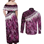 Pink Traditional Cloak Aotearoa Couples Matching Off Shoulder Maxi Dress and Long Sleeve Button Shirt Maori Paua Shell Korowai Pattern