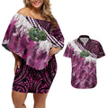 Pink Traditional Cloak Aotearoa Couples Matching Off Shoulder Short Dress and Hawaiian Shirt Maori Paua Shell Korowai Pattern
