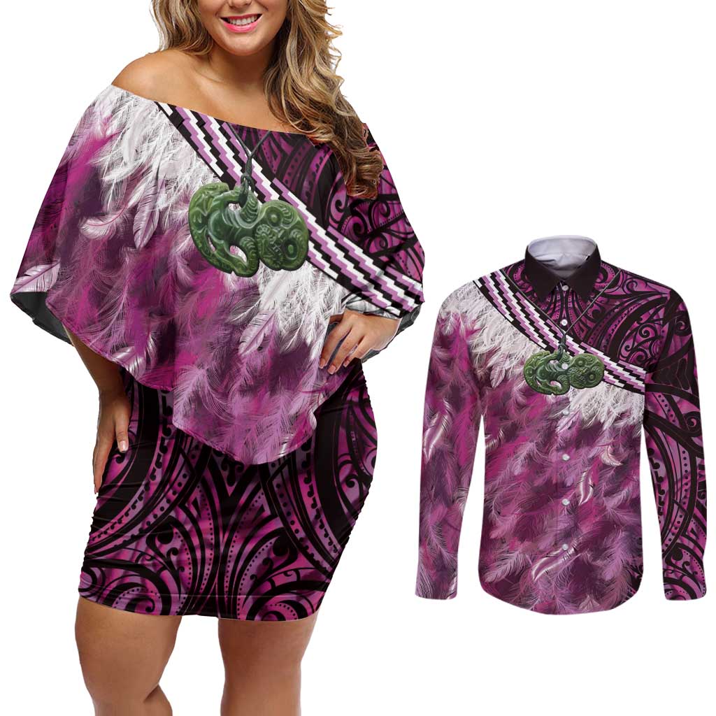 Pink Traditional Cloak Aotearoa Couples Matching Off Shoulder Short Dress and Long Sleeve Button Shirt Maori Paua Shell Korowai Pattern