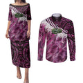 Pink Traditional Cloak Aotearoa Couples Matching Puletasi and Long Sleeve Button Shirt Maori Paua Shell Korowai Pattern