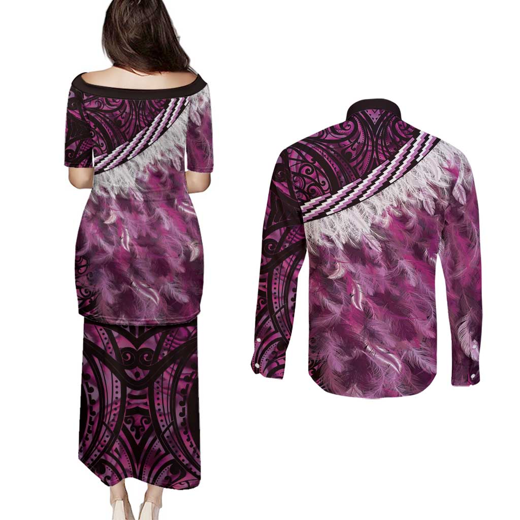 Pink Traditional Cloak Aotearoa Couples Matching Puletasi and Long Sleeve Button Shirt Maori Paua Shell Korowai Pattern