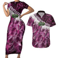 Pink Traditional Cloak Aotearoa Couples Matching Short Sleeve Bodycon Dress and Hawaiian Shirt Maori Paua Shell Korowai Pattern