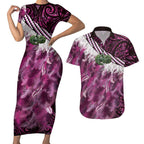 Pink Traditional Cloak Aotearoa Couples Matching Short Sleeve Bodycon Dress and Hawaiian Shirt Maori Paua Shell Korowai Pattern