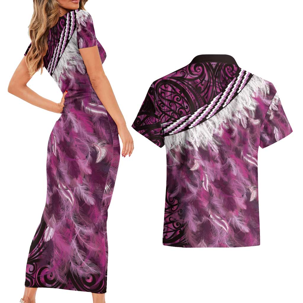 Pink Traditional Cloak Aotearoa Couples Matching Short Sleeve Bodycon Dress and Hawaiian Shirt Maori Paua Shell Korowai Pattern