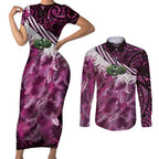 Pink Traditional Cloak Aotearoa Couples Matching Short Sleeve Bodycon Dress and Long Sleeve Button Shirt Maori Paua Shell Korowai Pattern
