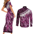 Pink Traditional Cloak Aotearoa Couples Matching Short Sleeve Bodycon Dress and Long Sleeve Button Shirt Maori Paua Shell Korowai Pattern