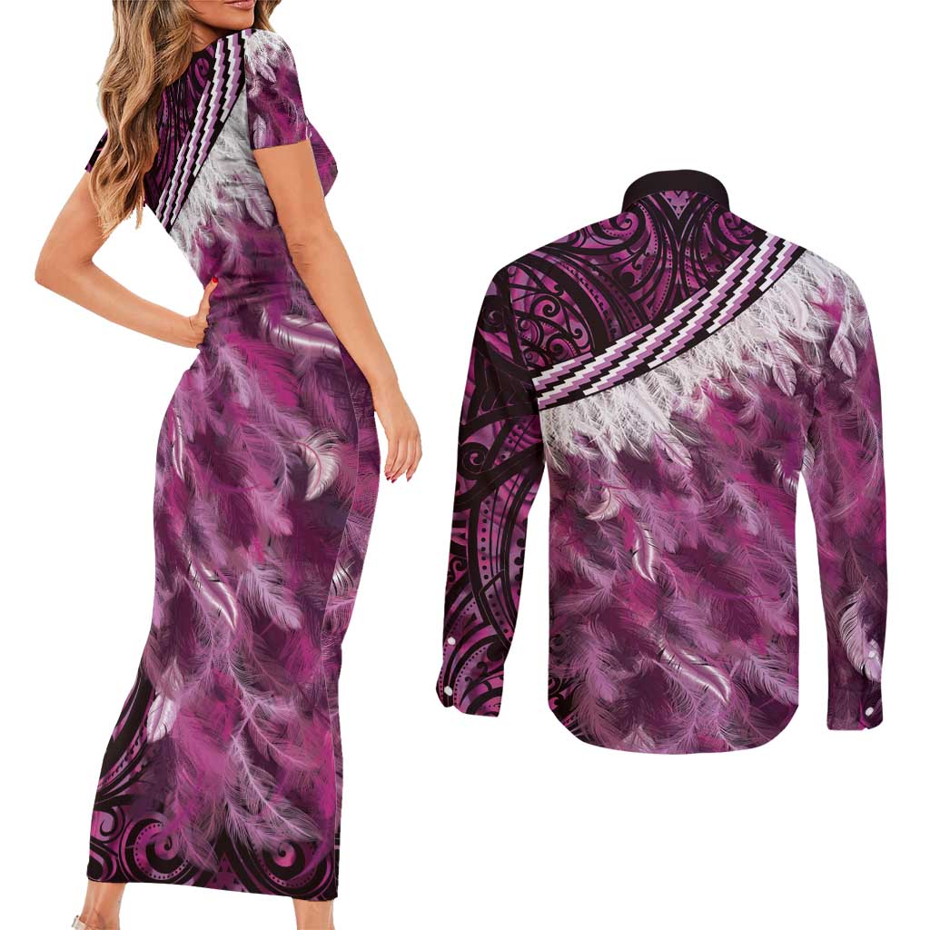 Pink Traditional Cloak Aotearoa Couples Matching Short Sleeve Bodycon Dress and Long Sleeve Button Shirt Maori Paua Shell Korowai Pattern