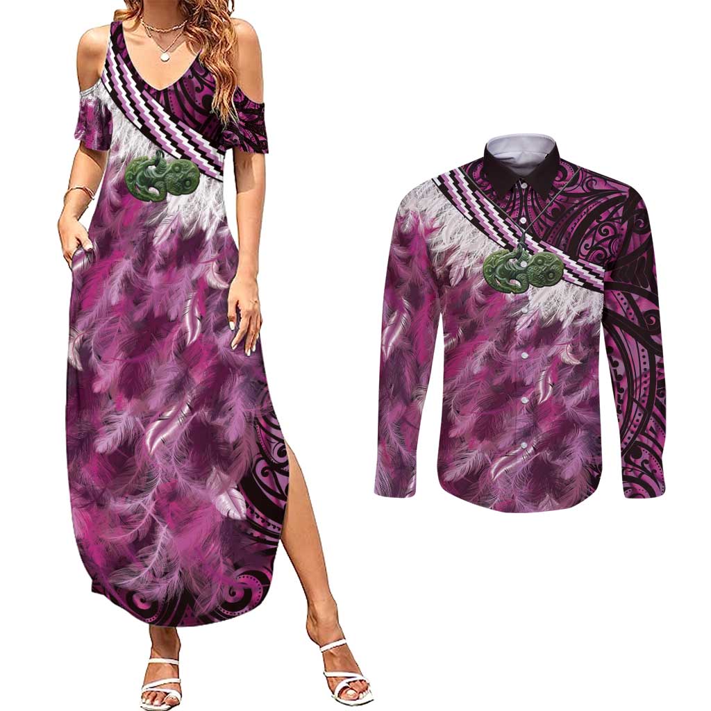 Pink Traditional Cloak Aotearoa Couples Matching Summer Maxi Dress and Long Sleeve Button Shirt Maori Paua Shell Korowai Pattern