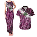 Pink Traditional Cloak Aotearoa Couples Matching Tank Maxi Dress and Hawaiian Shirt Maori Paua Shell Korowai Pattern